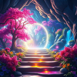 A mesmerizing scene featuring a glowing portal opening to a vibrant, magical world