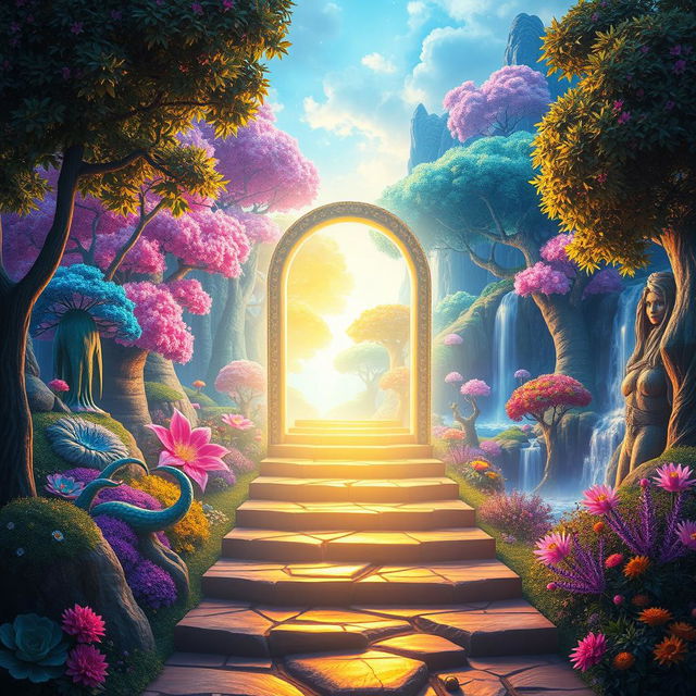 A mesmerizing scene featuring a glowing portal opening to a vibrant, magical world