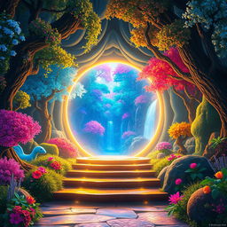 A mesmerizing scene featuring a glowing portal opening to a vibrant, magical world