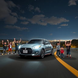 An epic Funko Pop scene showcasing a grey Suzuki Swift MT sedan on a winding night highway