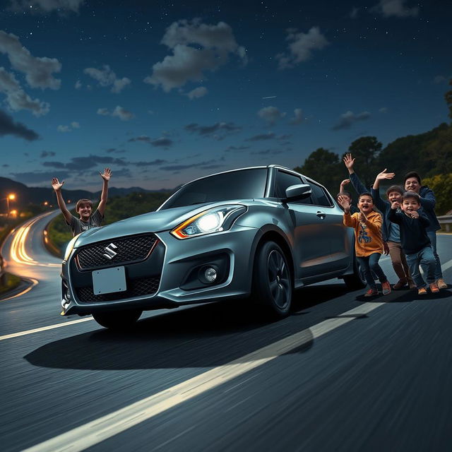 An epic Funko Pop scene showcasing a grey Suzuki Swift MT sedan on a winding night highway