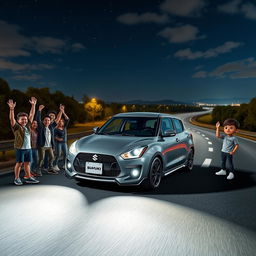 An epic Funko Pop scene showcasing a grey Suzuki Swift MT sedan on a winding night highway