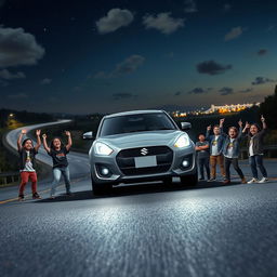 An epic Funko Pop scene showcasing a grey Suzuki Swift MT sedan on a winding night highway