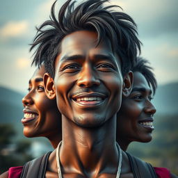 A stunningly detailed portrait of a human figure, showcasing a diverse range of emotions including joy and contemplation
