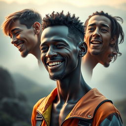 A stunningly detailed portrait of a human figure, showcasing a diverse range of emotions including joy and contemplation
