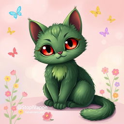 A stylized green cat with vibrant red eyes, sitting elegantly on a whimsical background of soft pastel colors, surrounded by playful whimsical elements like floating butterflies and colorful flowers, showcasing a blend of fantasy and charm