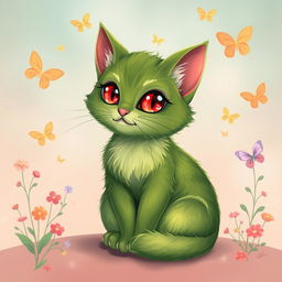 A stylized green cat with vibrant red eyes, sitting elegantly on a whimsical background of soft pastel colors, surrounded by playful whimsical elements like floating butterflies and colorful flowers, showcasing a blend of fantasy and charm
