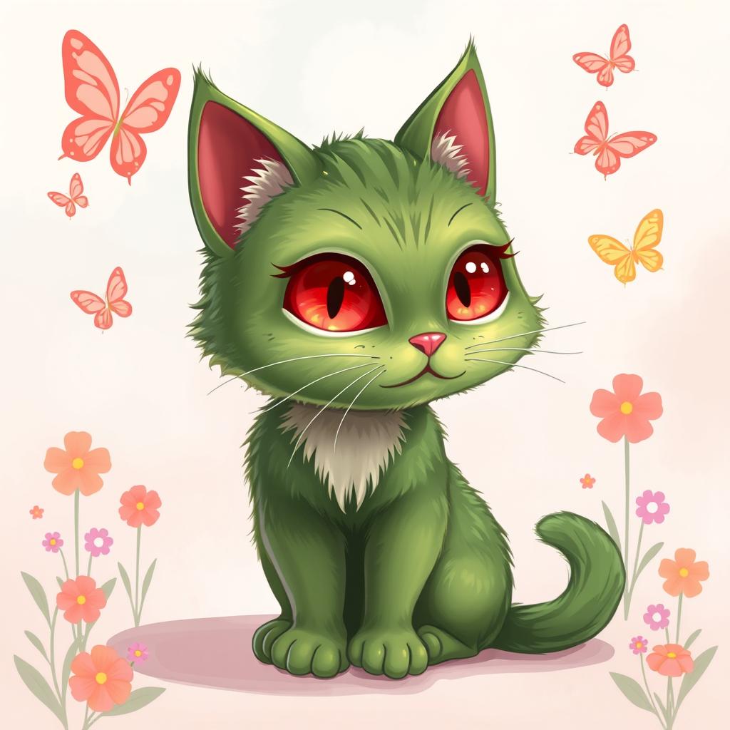 A stylized green cat with vibrant red eyes, sitting elegantly on a whimsical background of soft pastel colors, surrounded by playful whimsical elements like floating butterflies and colorful flowers, showcasing a blend of fantasy and charm