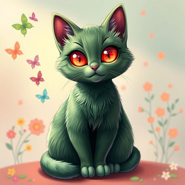A stylized green cat with vibrant red eyes, sitting elegantly on a whimsical background of soft pastel colors, surrounded by playful whimsical elements like floating butterflies and colorful flowers, showcasing a blend of fantasy and charm