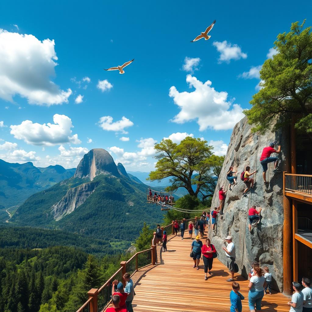 A vibrant and adventurous scene depicting a view deck surrounded by lush greenery and towering mountains