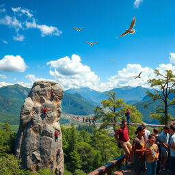 A vibrant and adventurous scene depicting a view deck surrounded by lush greenery and towering mountains