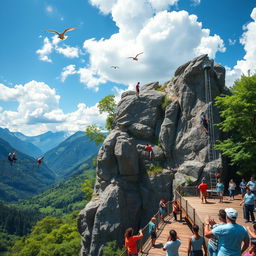 A vibrant and adventurous scene depicting a view deck surrounded by lush greenery and towering mountains