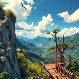 A vibrant and adventurous scene depicting a view deck surrounded by lush greenery and towering mountains