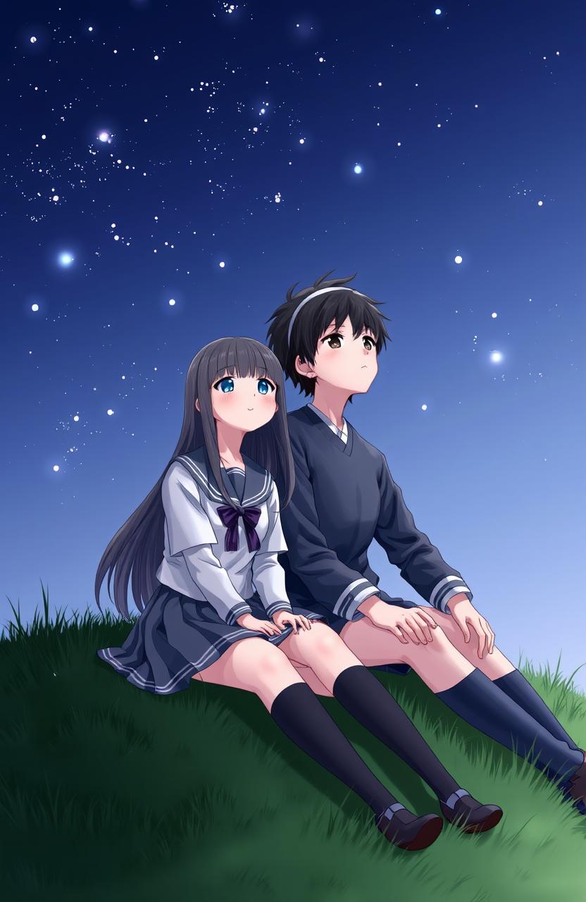 A serene scene depicting a boy and a girl as students, both dressed in traditional school uniforms