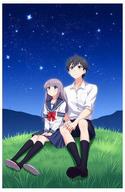A serene scene depicting a boy and a girl as students, both dressed in traditional school uniforms