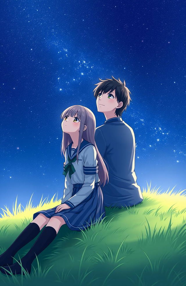 A serene scene depicting a boy and a girl as students, both dressed in traditional school uniforms