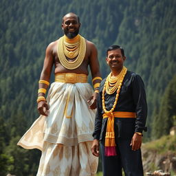A man stands proudly in a mountainous landscape filled with lush green trees, engaged in a traditional ceremonial wedding celebration