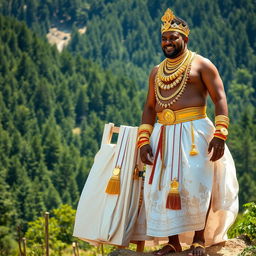 A man stands proudly in a mountainous landscape filled with lush green trees, engaged in a traditional ceremonial wedding celebration