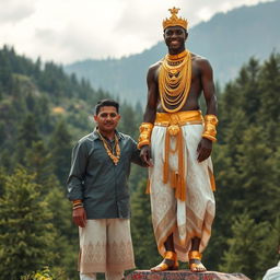 A man stands proudly in a mountainous landscape filled with lush green trees, engaged in a traditional ceremonial wedding celebration