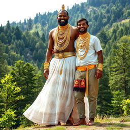 A man stands proudly in a mountainous landscape filled with lush green trees, engaged in a traditional ceremonial wedding celebration