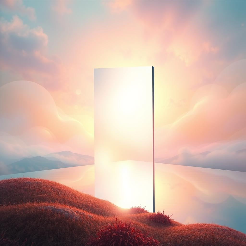 A surreal and conceptual artwork depicting an invisible mirror, incorporating elements of reflection and perception