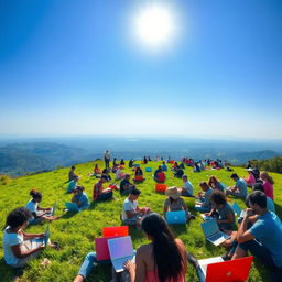 A scenic view of a lush green hilltop filled with a diverse group of people of various ethnicities and ages, all sitting on the grass, each focused intently on their laptops