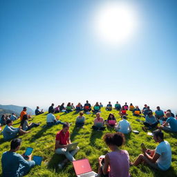 A scenic view of a lush green hilltop filled with a diverse group of people of various ethnicities and ages, all sitting on the grass, each focused intently on their laptops
