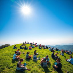 A scenic view of a lush green hilltop filled with a diverse group of people of various ethnicities and ages, all sitting on the grass, each focused intently on their laptops