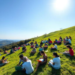 A scenic view of a lush green hilltop filled with a diverse group of people of various ethnicities and ages, all sitting on the grass, each focused intently on their laptops