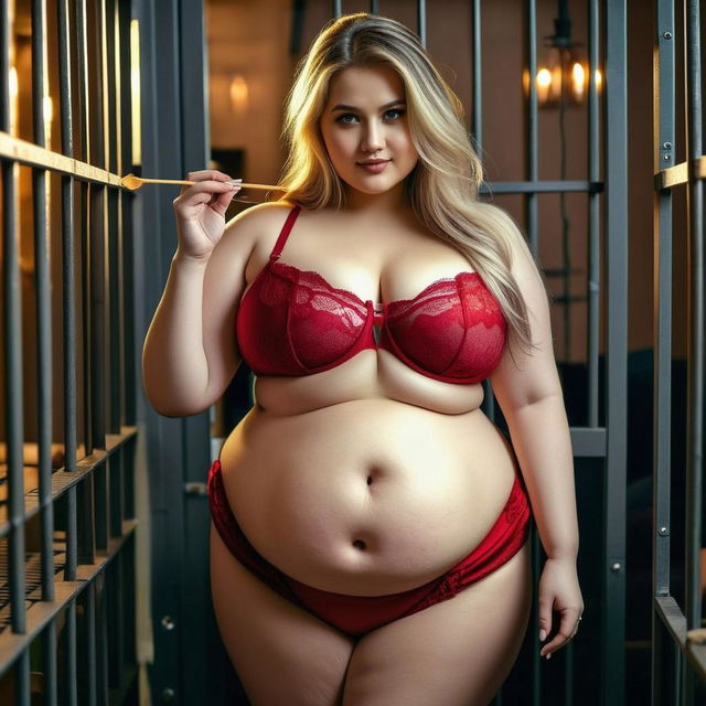 A confident pregnant woman with a round belly, dressed in vibrant red lace lingerie, standing playfully in a dimly lit, stylized jail cell