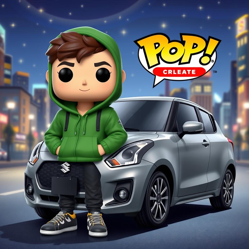 A vibrant and playful Funko Pop character representing a young individual with fair skin, wearing a green hooded jacket suitable for chilly weather