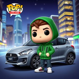 A vibrant and playful Funko Pop character representing a young individual with fair skin, wearing a green hooded jacket suitable for chilly weather
