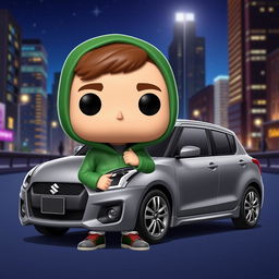 A vibrant and playful Funko Pop character representing a young individual with fair skin, wearing a green hooded jacket suitable for chilly weather