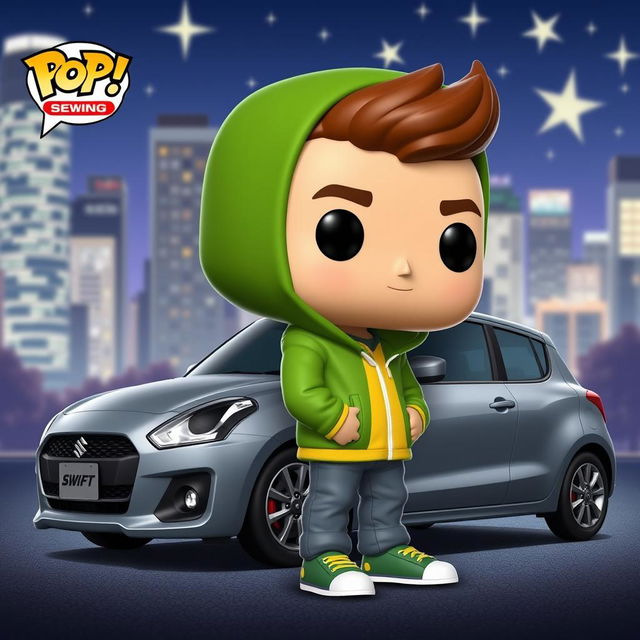 A vibrant and playful Funko Pop character representing a young individual with fair skin, wearing a green hooded jacket suitable for chilly weather