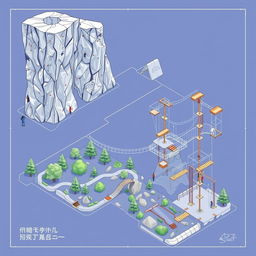 A detailed blueprint-style illustration of an outdoor adventure facility featuring rock climbing walls and various rope courses