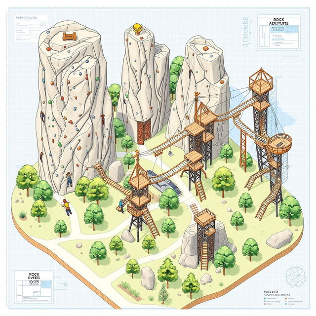 A detailed blueprint-style illustration of an outdoor adventure facility featuring rock climbing walls and various rope courses