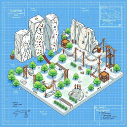 A detailed blueprint-style illustration of an outdoor adventure facility featuring rock climbing walls and various rope courses
