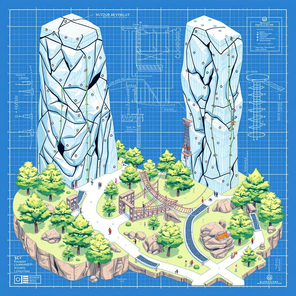 A detailed blueprint-style illustration of an outdoor adventure facility featuring rock climbing walls and various rope courses