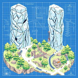 A detailed blueprint-style illustration of an outdoor adventure facility featuring rock climbing walls and various rope courses