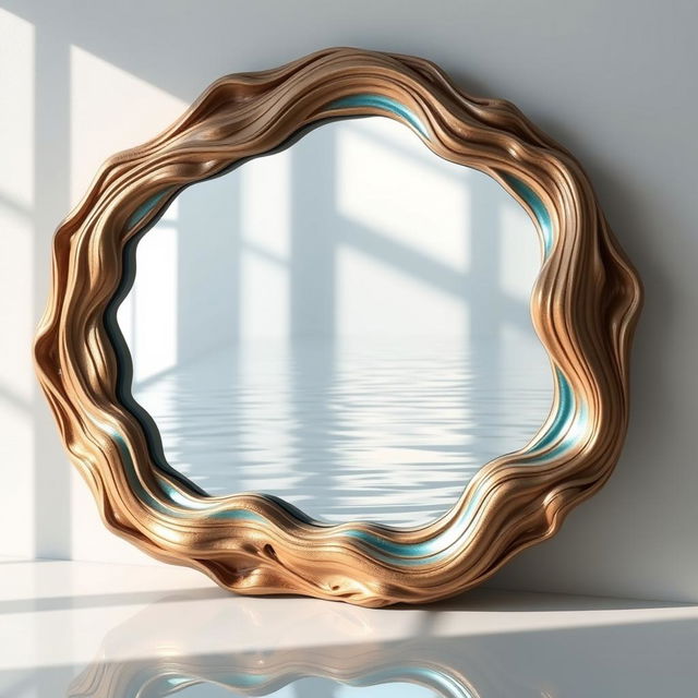 A beautifully crafted mirror that evokes the essence of water, featuring a wavy, reflective surface that mimics the gentle ripples of a tranquil lake
