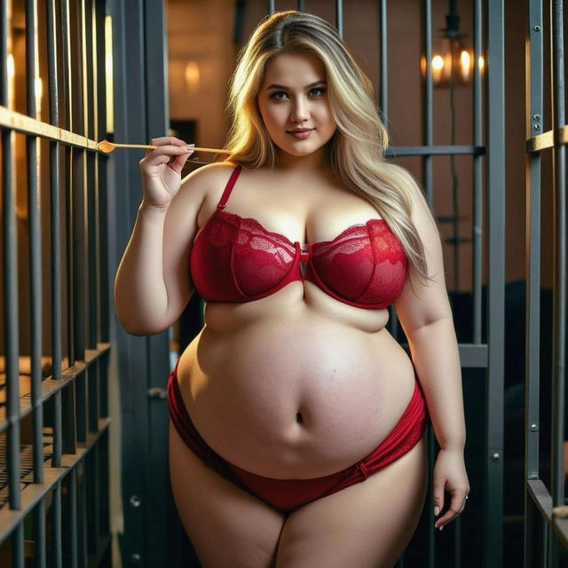 A confident pregnant woman with a round belly, wearing a stylish red lace bra and matching panties, playfully holding a fork in a dimly lit, modern jail cell