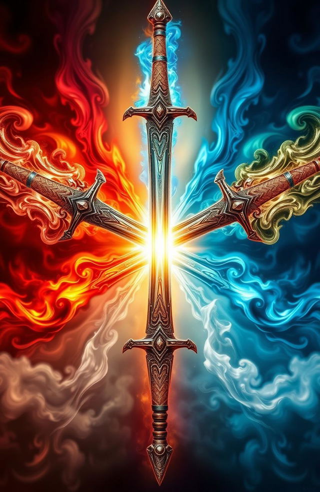 A stunning and intricate design featuring four majestic swords emerging from each corner, each one representing a different element: fire, water, earth, and air