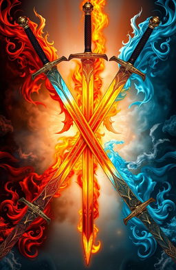 A stunning and intricate design featuring four majestic swords emerging from each corner, each one representing a different element: fire, water, earth, and air