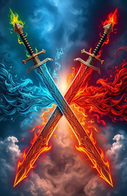 A stunning and intricate design featuring four majestic swords emerging from each corner, each one representing a different element: fire, water, earth, and air