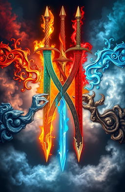 A stunning and intricate design featuring four majestic swords emerging from each corner, each one representing a different element: fire, water, earth, and air