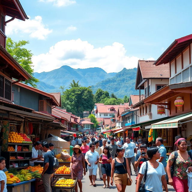 A vibrant and colorful street scene in Bandung, Indonesia, featuring traditional Indonesian architecture mixed with modern elements