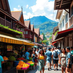 A vibrant and colorful street scene in Bandung, Indonesia, featuring traditional Indonesian architecture mixed with modern elements