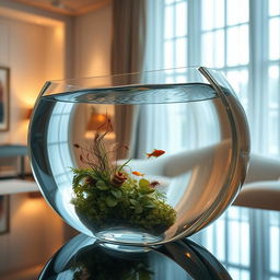 An imaginative and surreal mirror designed as a transparent water tank, reflecting its surroundings