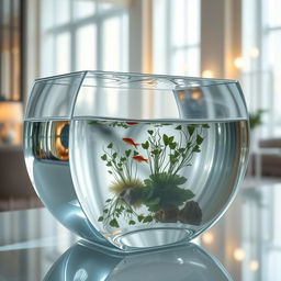 An imaginative and surreal mirror designed as a transparent water tank, reflecting its surroundings