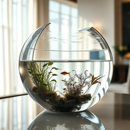 An imaginative and surreal mirror designed as a transparent water tank, reflecting its surroundings
